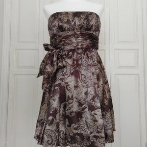 BCBGMaxazria Strapless Gold and Chocolate Silk Waist Tie Dress. Size 2.